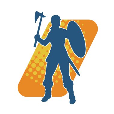 Savaş zırhlı, balta ve demir kalkan taşıyan seksi bir kadın savaşçının silueti..