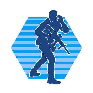 Silhouette of a female special force police wearing bulletproof vest and carrying machine gun weapon. clipart