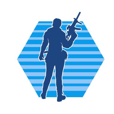 Kurşungeçirmez yelek giyen ve makineli tüfek taşıyan bir kadın özel kuvvet polisinin silueti..