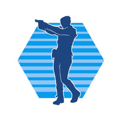 Kurşungeçirmez yelek giyen ve tabanca taşıyan bir kadın özel kuvvet polisinin silüeti..