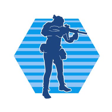 Kurşungeçirmez yelek giyen ve makineli tüfek taşıyan bir kadın özel kuvvet polisinin silueti..