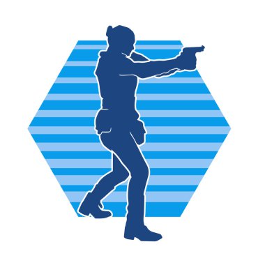 Kurşungeçirmez yelek giyen ve tabanca taşıyan bir kadın özel kuvvet polisinin silüeti..