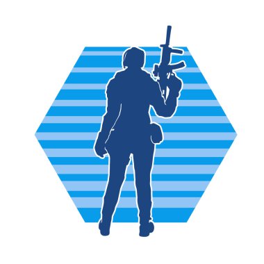 Kurşungeçirmez yelek giyen ve makineli tüfek taşıyan bir kadın özel kuvvet polisinin silueti..