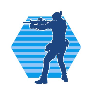 Kurşungeçirmez yelek giyen ve makineli tüfek taşıyan bir kadın özel kuvvet polisinin silueti..