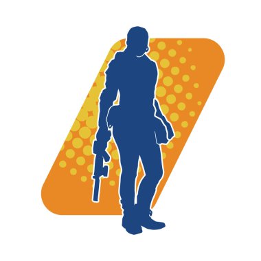 Silhouette of a female special force police wearing bulletproof vest and carrying machine gun weapon. clipart