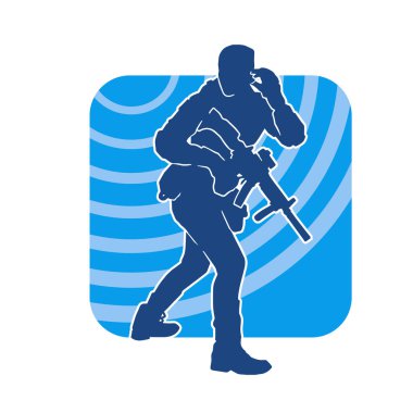 Kurşungeçirmez yelek giyen ve makineli tüfek taşıyan bir kadın özel kuvvet polisinin silueti..