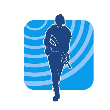 Silhouette of a female special force police wearing bulletproof vest and carrying machine gun weapon. clipart