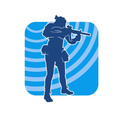 Kurşungeçirmez yelek giyen ve makineli tüfek taşıyan bir kadın özel kuvvet polisinin silueti..