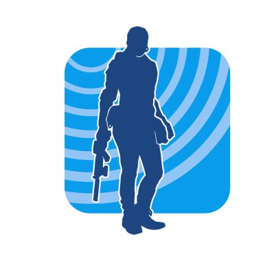 Silhouette of a female special force police wearing bulletproof vest and carrying machine gun weapon. clipart