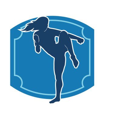 Dövüş sanatları tekmesi atan bir kadının silueti. Sportif bir kadının silueti tekme hareketi yapıyor..
