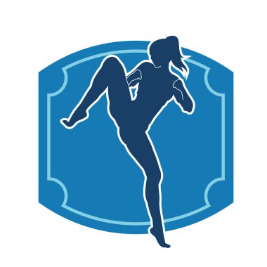 Dövüş sanatları tekmesi atan bir kadının silueti. Sportif bir kadının silueti tekme hareketi yapıyor..