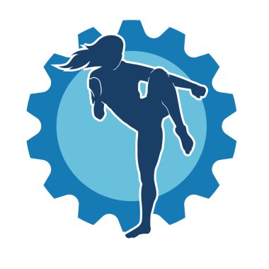 Dövüş sanatları tekmesi atan bir kadının silueti. Sportif bir kadının silueti tekme hareketi yapıyor..