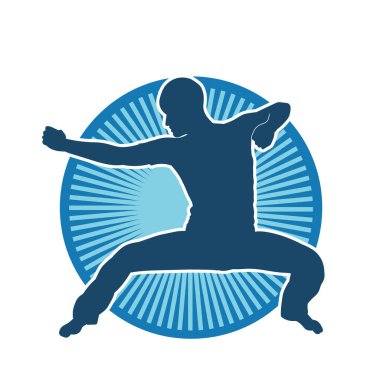 Doğu dövüş sanatı pozu veren bir adamın silueti. Dövüş sanatlarında bir erkeğin silueti..