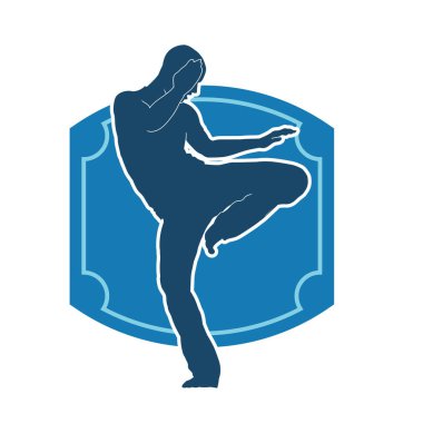 Doğu dövüş sanatı pozu veren bir adamın silueti. Dövüş sanatlarında bir erkeğin silueti..