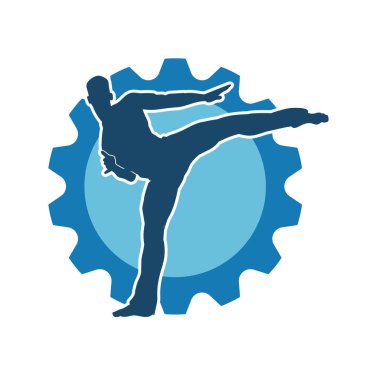 Dövüş sanatları pozu veren bir erkeğin silueti. Dövüş sanatları ustasının silueti tekme atma pozu veriyor..