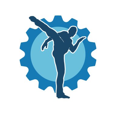 Dövüş sanatları pozu veren bir erkeğin silueti. Dövüş sanatları ustasının silueti tekme atma pozu veriyor..