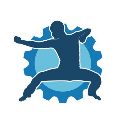 Doğu dövüş sanatı pozu veren bir adamın silueti. Dövüş sanatlarında bir erkeğin silueti..