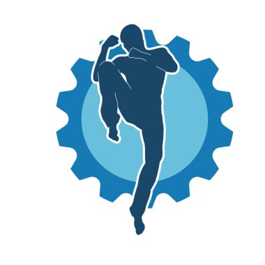 Doğu dövüş sanatı pozu veren bir adamın silueti. Dövüş sanatlarında bir erkeğin silueti..