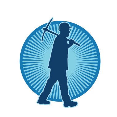 Görev sırasında baltayla dolaşan işçi kostümlü bir adamın silüeti. Bir madencinin hareket halindeki silueti balta aracı ile poz verir.