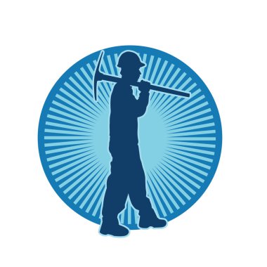 Görev sırasında baltayla dolaşan işçi kostümlü bir adamın silüeti. Bir madencinin hareket halindeki silueti balta aracı ile poz verir.