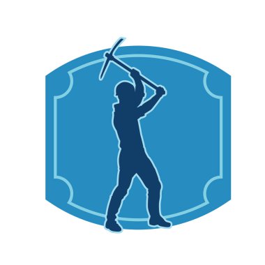 Görev sırasında baltayla dolaşan işçi kostümlü bir adamın silüeti. Bir madencinin hareket halindeki silueti balta aracı ile poz verir.