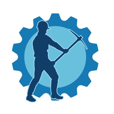 Görev sırasında baltayla dolaşan işçi kostümlü bir adamın silüeti. Bir madencinin hareket halindeki silueti balta aracı ile poz verir.