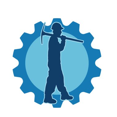 Görev sırasında baltayla dolaşan işçi kostümlü bir adamın silüeti. Bir madencinin hareket halindeki silueti balta aracı ile poz verir.