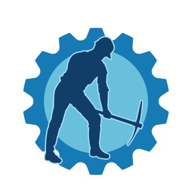 Görev sırasında baltayla dolaşan işçi kostümlü bir adamın silüeti. Bir madencinin hareket halindeki silueti balta aracı ile poz verir.