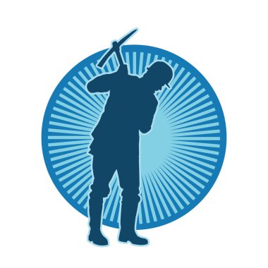 Görev sırasında baltayla dolaşan işçi kostümlü bir adamın silüeti. Bir madencinin hareket halindeki silueti balta aracı ile poz verir.