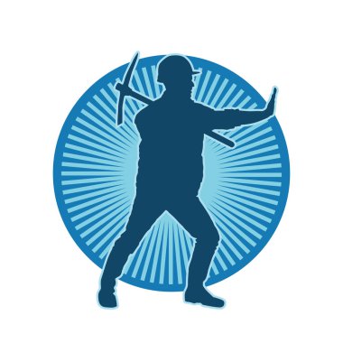 Görev sırasında baltayla dolaşan işçi kostümlü bir adamın silüeti. Bir madencinin hareket halindeki silueti balta aracı ile poz verir.