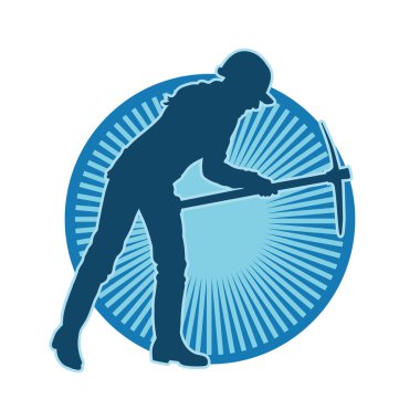 Kazma aletle poz veren, işçi kostümü giyen bir kadının silueti. Kazma aleti taşıyan madenci kostümlü bir kadının silueti..