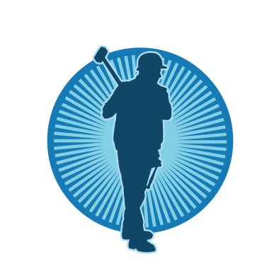 Çalışan bir işçinin silueti balyoz aletini kullanarak hareket halinde poz verir.