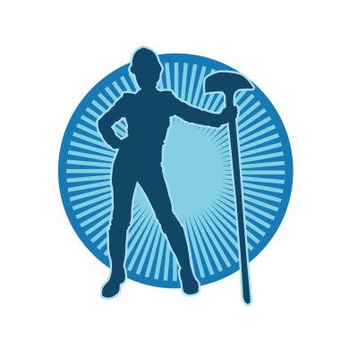 Çalışan kostümü giyen bir kadının silüeti. Kürek aletleriyle poz veriyor..