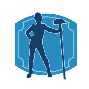 Çalışan kostümü giyen bir kadının silüeti. Kürek aletleriyle poz veriyor..