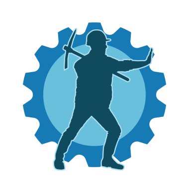 Görev sırasında baltayla dolaşan işçi kostümlü bir adamın silüeti. Bir madencinin hareket halindeki silueti balta aracı ile poz verir.