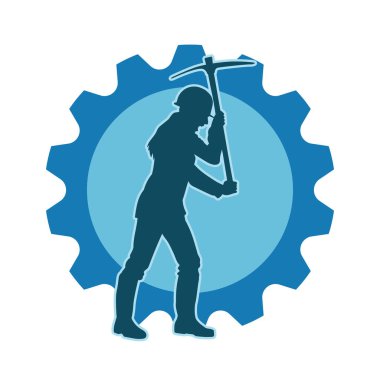 Kazma aletle poz veren, işçi kostümü giyen bir kadının silueti. Kazma aleti taşıyan madenci kostümlü bir kadının silueti..