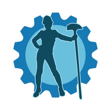 Çalışan kostümü giyen bir kadının silüeti. Kürek aletleriyle poz veriyor..