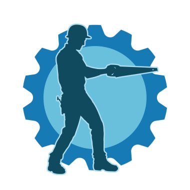 Bir erkek marangoz ya da demir testeresi taşıyan ahşap işçisi silueti.