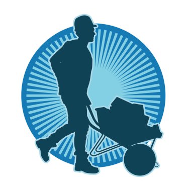 El arabası süren bir erkek inşaat işçisinin silueti.