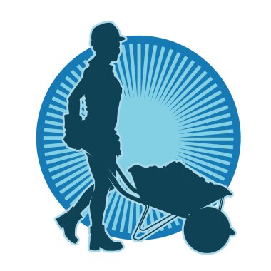 Bir kadın inşaat işçisinin silueti yürüyor ve bir el arabasını itiyor..