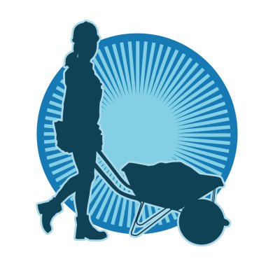 Bir kadın inşaat işçisinin silueti yürüyor ve bir el arabasını itiyor..