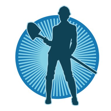 Elinde kürek aleti olan, miğfer takan bir kadın işçinin silüeti..