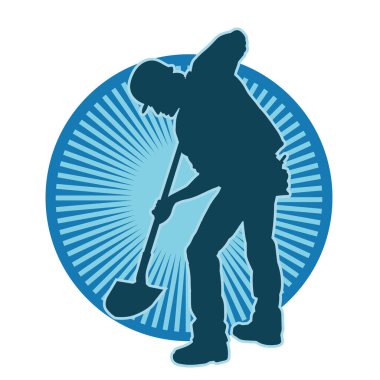 Bir erkek işçinin silüeti bir kürek aletiyle toprağı kazıyor..