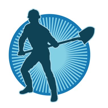 Bir erkek işçinin silüeti bir kürek aletiyle toprağı kazıyor..