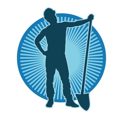 Elinde kürek aleti olan bir erkek işçinin silüeti. Bir bahçıvanın silueti.