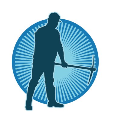 Mat aletini sallayan bir işçinin silüeti. Bir erkek işçinin silueti. Güvenlik kaskı takıyor. Elinde yemek baltası var..