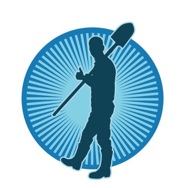 Elinde kürek aleti olan bir erkek işçinin silüeti. Bir bahçıvanın silueti..