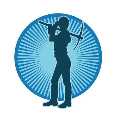 Mat aletini sallayan bir işçinin silüeti. Bir erkek işçinin silueti. Güvenlik kaskı takıyor. Elinde yemek baltası var..