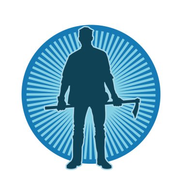 Kazma aleti sallayan bir işçinin silüeti. Bir erkek işçinin silueti. Güvenlik kaskı takıyor. Elinde yemek baltası var..