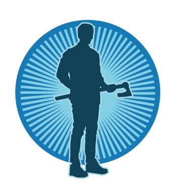 Geniş bir balta tutan bir erkeğin silueti. Elinde baltayla bir oduncunun silueti..